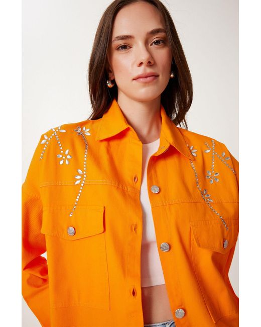 Happiness İstanbul Orange Stone Oversize Gabardine Hemdjacke Für Damen