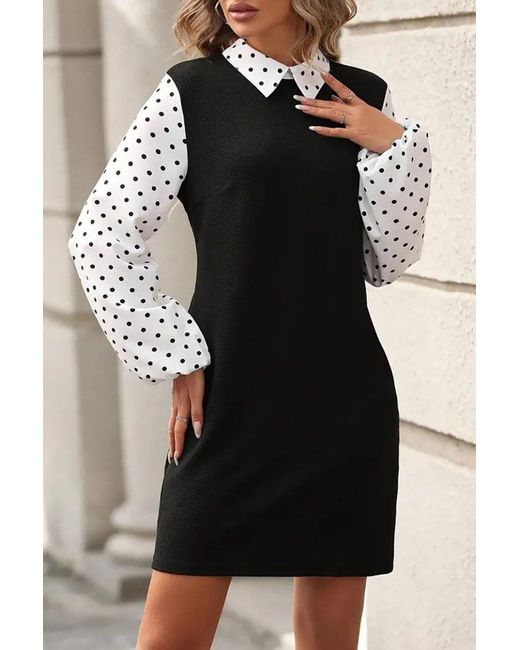 Deafox Black Schwarzes, Importiertes Kreppkleid Mit Langen Ärmeln, Kragen, Ärmeln Und Tupfen Für Damen