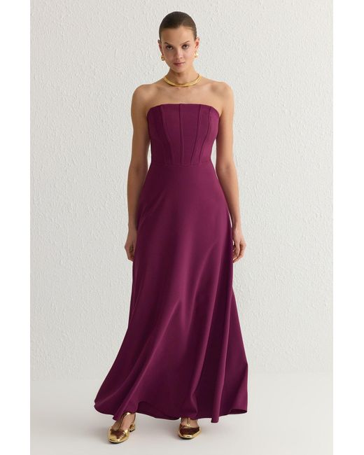 Trendyol Purple Pflaumenfarbenes, Trägerloses, Langes, Stilvolles Abendkleid Mit A-Ausschnitt Und Heimkehrkleid Für Damen
