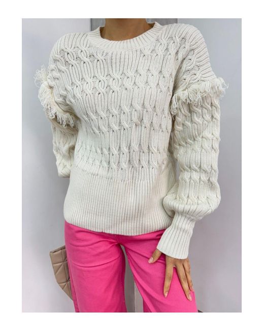 Modamorfo Multicolor Strickpullover Mit Ballonärmeln Und Quasten – Stein Für Damen