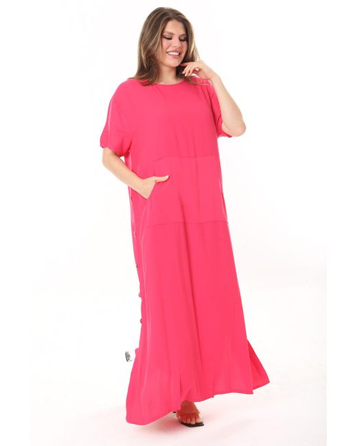 Şans Pink Şans übergrößen-kleid aus gewebter viskose "fujya" mit metallknöpfen und känguru-taschen an den seiten
