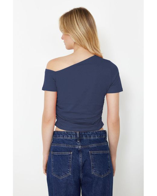 Trendyol Blue Elastische Strickbluse Mit-Kordelzug Und Asymmetrischem Ausschnitt Für Damen