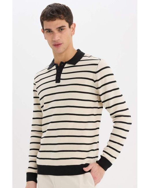 Defacto Gestreifter Strickpullover Mit Standard-Fit-Polokragen Für Herren in Gray für Herren