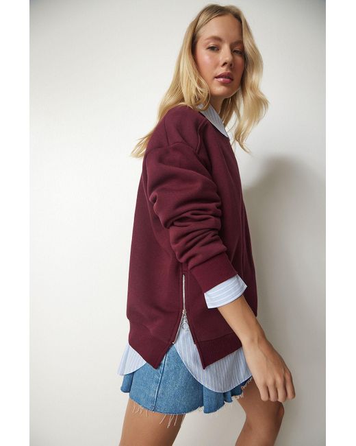 Happiness İstanbul Red Burgunderrotes Strick-Sweatshirt Mit Reißverschluss Und Reliefmuster Für Damen