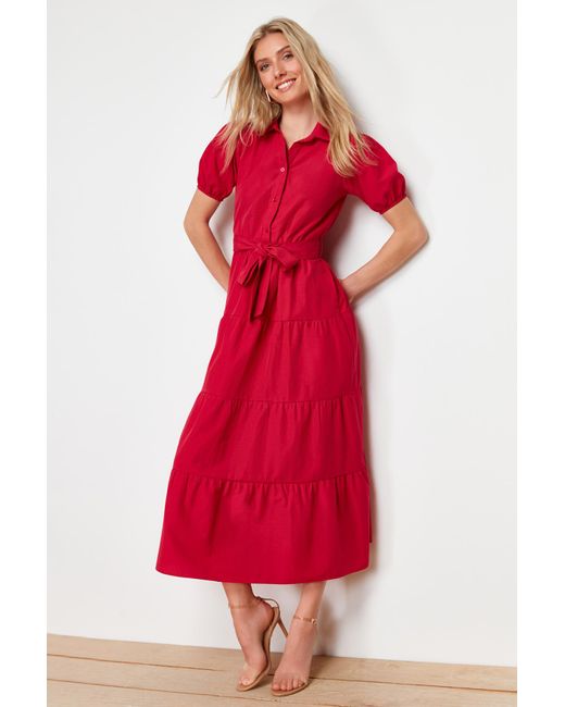 Trendyol Red Fuchsia weit geschnittenes maxi-gewebtes kleid mit hemdkragen