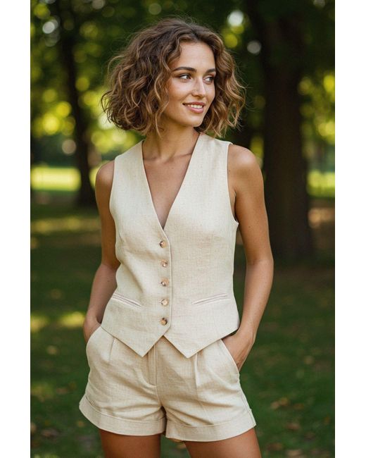 Trendyol Green Weiße Oversize-Weste Mit V-Ausschnitt Und Leinenoptik Für Damen