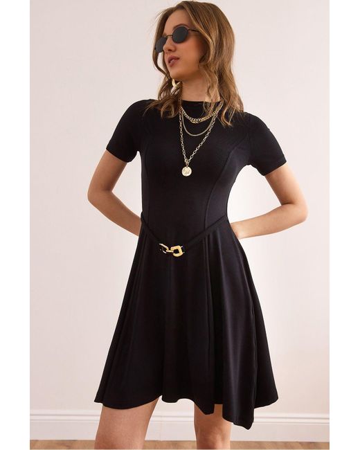 Olalook Black Schwarzes, Selbstgürtelndes, Weiches, Strukturiertes Glockenkleid Elb- 19002368 Für Damen