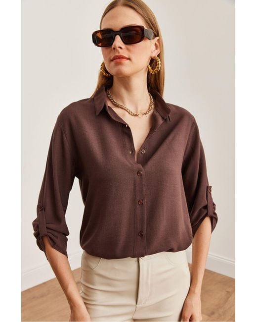 Olalook Brown Leinenhemd, Ärmel Umgeschlagen, Gml- 19000825 Für Damen