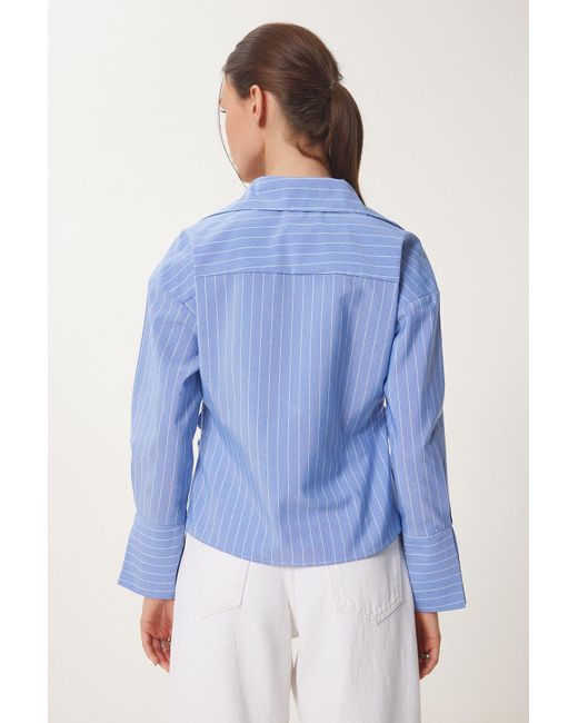 Happiness İstanbul Blue Blaue Bluse Mit Hemdkragen Und Gestreiftem Wickel-Popeline Für Damen