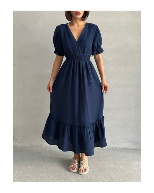 BEJNA Gray Marineblaues Kleid Aus Musselin Mit Zweireihigem Kragen Für Damen