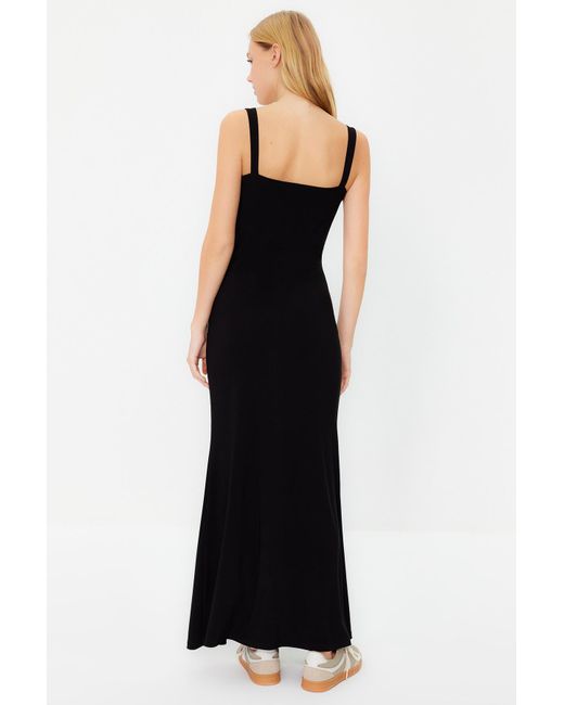 Trendyol Black Schwarzes, Figurbetontes/Figurbetontes Maxi-Bleistiftkleid Aus Flexiblem Strick Mit Dicken Trägern Für Damen
