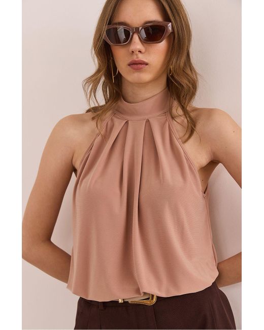 Olalook Brown Bluse Mit Kamelkragen Und Geknöpftem Neckholder, Drapiert Blz- 19002673 Für Damen
