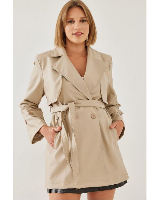 Bianco Lucci Natural Kurzer Trenchcoat Aus Leder Mit Zweireihigem Ausschnitt Und Gürtel – Windkappe, Tasche 2377 Für Damen