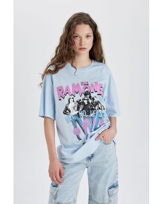 Defacto Blue Ramones Oversize Wide Fit Kurzarm-T-Shirt Mit Rundhalsausschnitt C3772Ax24Sm Für Damen