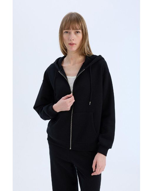Defacto Black Back To School Relax Fit Kapuzenpullover, Dickes Basic-Sweatshirt Mit Gerader Tasche Und Reißverschluss, Für Damen