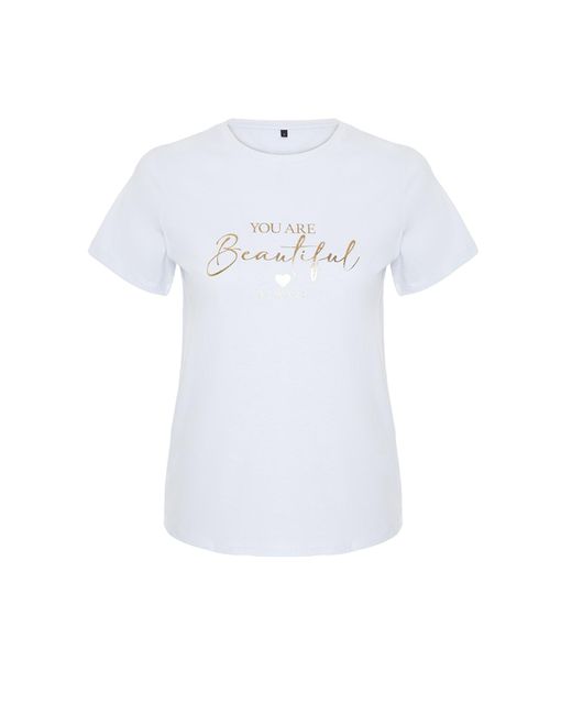 Trendyol White Es strick-t-shirt mit slogan-aufdruck, 100 % baumwolle, reguläre passform,