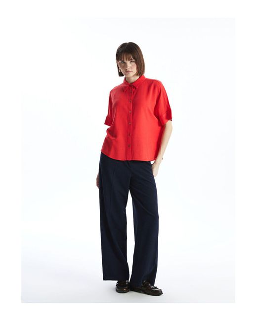 LC Waikiki Red Unifarbenes Oversize Hemd Aus Leinen-Mischgewebe Für Damen
