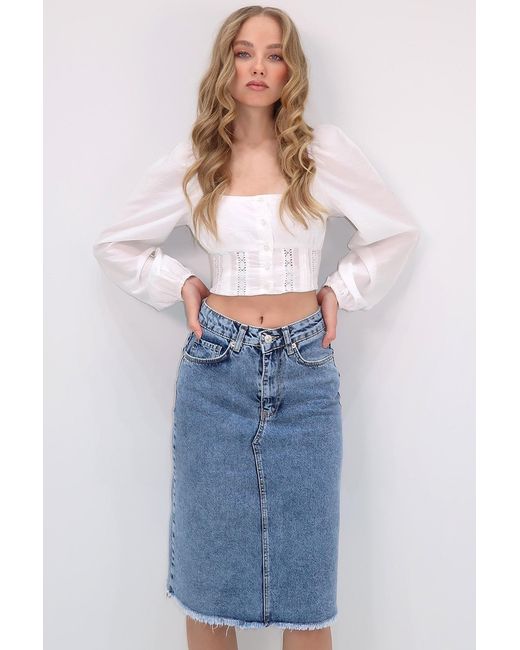 Trend Alaçatı Stili Blue Blauer Midi-Jeansrock Mit Hoher Taille Und 5 Taschen Für Damen