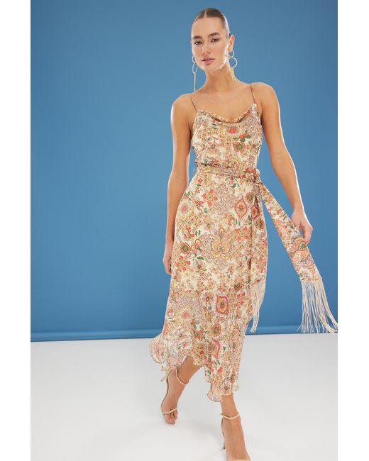 Trendyol Blue Beigefarbenes, Mit Chiffon Geflochtenes Kleid Mit Ethnischem Muster Und Schärpe, A-Linie, Quasten-Detail, Maxi-Futter, Für Damen