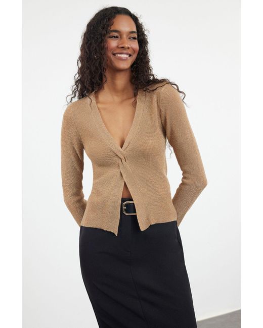 Trendyol Brown Glitzernder Kamel-Strickpullover Schlitzdetail Für Damen