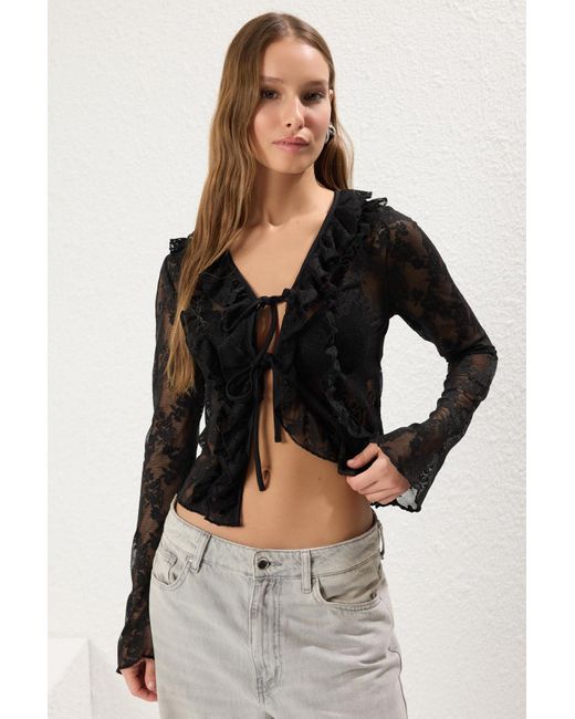 Trendyol Black Schwarze, Taillierte, Figurbetonte, Dehnbare Strickbluse Mit Raffung/Drapierung Und Bindedetail Für Damen