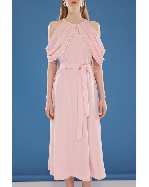 Trendyol Blue Stilvolles Midi-Abendkleid Mit Perlenstickerei, Puder-A-Linie Und Abendkleid Für Damen