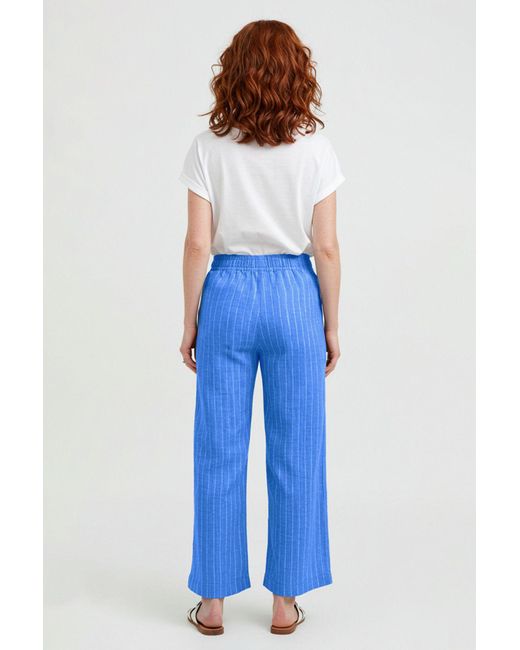Trendyol Blue Gestreifte Crinkle-Hose Mit Normaler Taille Und Weitem Bein Für Damen