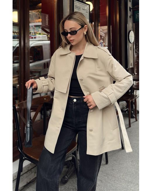 Olcay Black Gefütterter Kurzer Trenchcoat Mit Umhang Und Gürtel-Detail Bej Für Damen