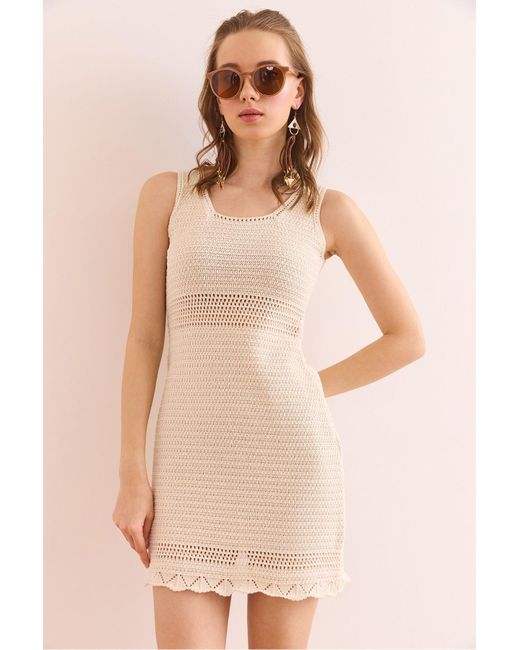 Olalook Natural Mini-Baumwollkleid Mit Eng Anliegendem Strickmuster Und Detaillierter Taille Elb- 19002361 Für Damen