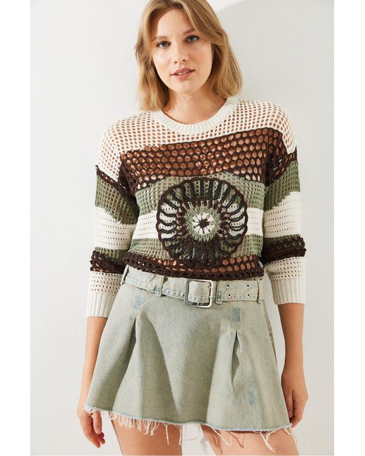 Bianco Lucci Gray Strickpullover Mit Rundhalsausschnitt Und Durchbrochenen Perlen Für Damen