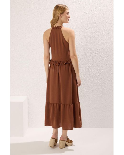 Trendyol Natural Brauner, Gerader Rock Mit Volant/Rüschen An Der Taille, Gewebtes Maxikleid Für Damen