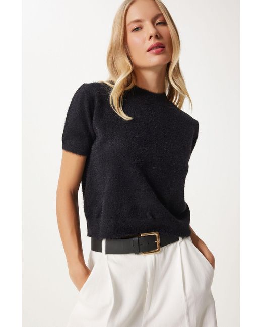 Happiness İstanbul Black Schwarze, Weiche Strickbluse – Kurzarm Fn03318 Für Damen