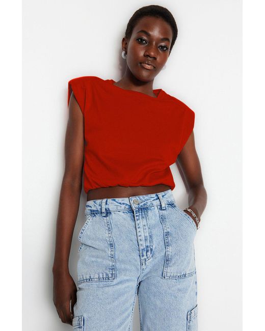 Trendyol Red Rotes Crop-T-Shirt Aus 100 Baumwolle Mit Rundhalsausschnitt – Für Damen