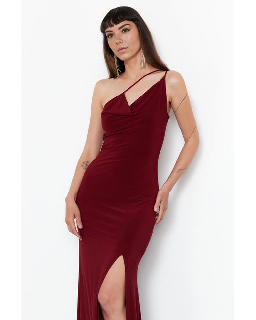 Trendyol Red Burgunderrotes, langes, elegantes abendkleid aus strick mit trägern