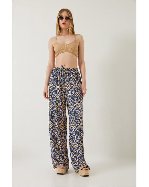 Bianco Lucci Blue Gemusterte Hose Aus Viskose Mit Taillenschnürung Für Damen