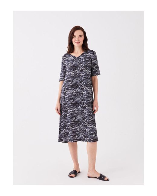 LC Waikiki Blue Lcw Kleid Mit V-Ausschnitt, Bedruckt, Kurzärmelig, Leinenoptik Für Damen