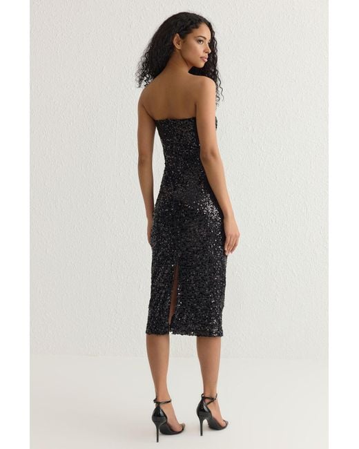 Trendyol Black Schwarzes, Figurbetontes, Trägerloses, Gestricktes, Stilvolles Abendkleid Mit Pailletten Für Damen