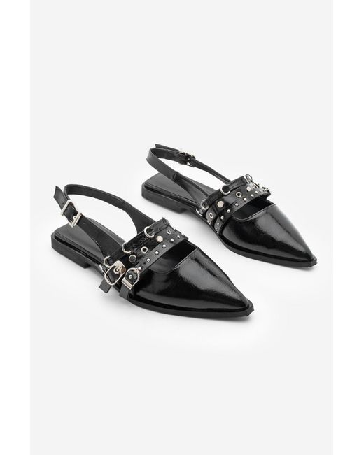 Marjin Black Ballerinas Mit Spitzer Zehenpartie Und Riemchen, Hinten Offen, Moreno Für Damen