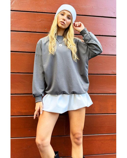 Trend Alaçatı Stili Blue Graues Oversize-Sweatshirt Mit Rundhalsausschnitt – Für Damen