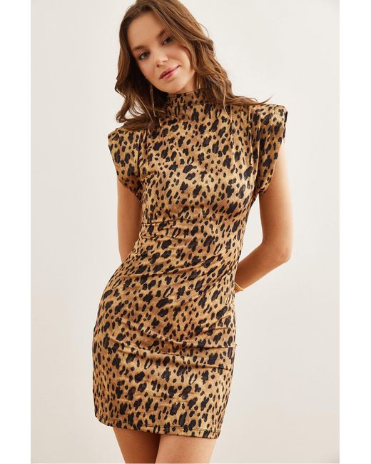 Olalook Natural Kamelfarbenes, Schulterfreies, Dehnbares Mini-Kleid Mit Stehkragen Und Reißverschluss Elb- 19002271 Für Damen