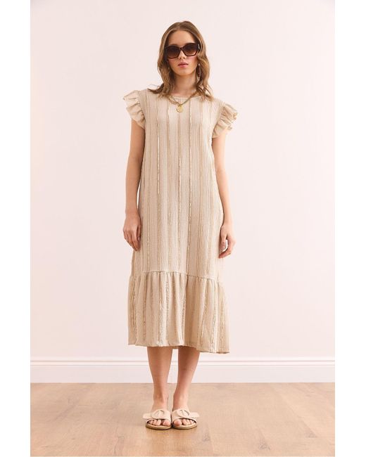 Olalook Natural Beigefarbenes Midikleid Mit Ärmeln Und Rüschen, Strukturiert, Elb- 19002364 Für Damen