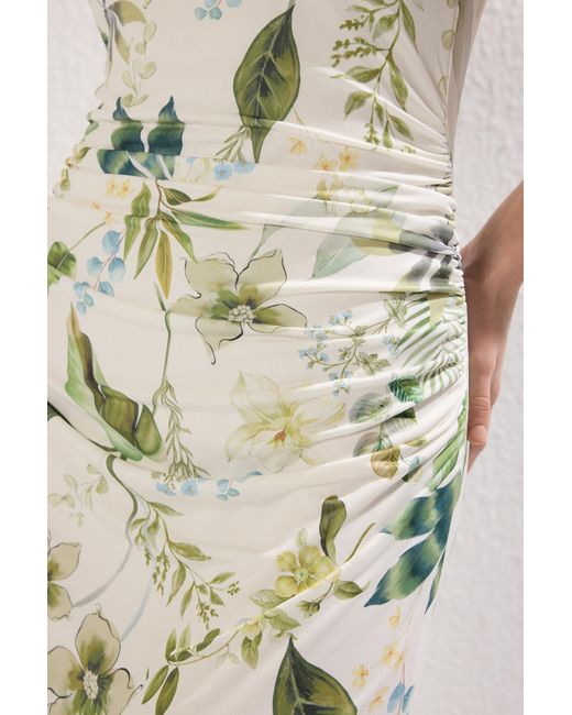 Trendyol White Dehnbares Strick-Bleistiftkleid Mit Leuchtender Oberfläche – -Blumendruck, Boot-Rock-Body Für Damen