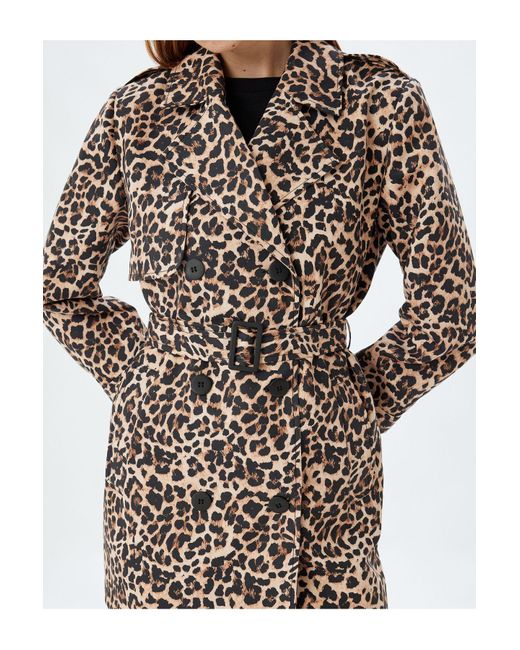 Koton Brown Zweireihiger Trenchcoat Mit Gürtel Und Leopardenmuster Für Damen