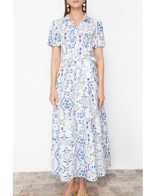 Trendyol Blue Blaues, Weit Geschnittenes, Gewebtes Maxikleid Mit Hemdkragen Für Damen