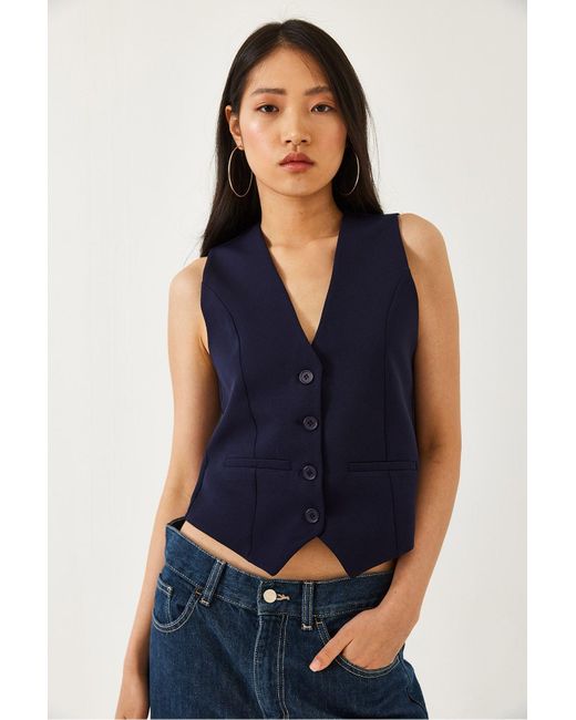 Bianco Lucci Blue Gewebte Weste Mit V-Ausschnitt Und Flachen Taschen Für Damen