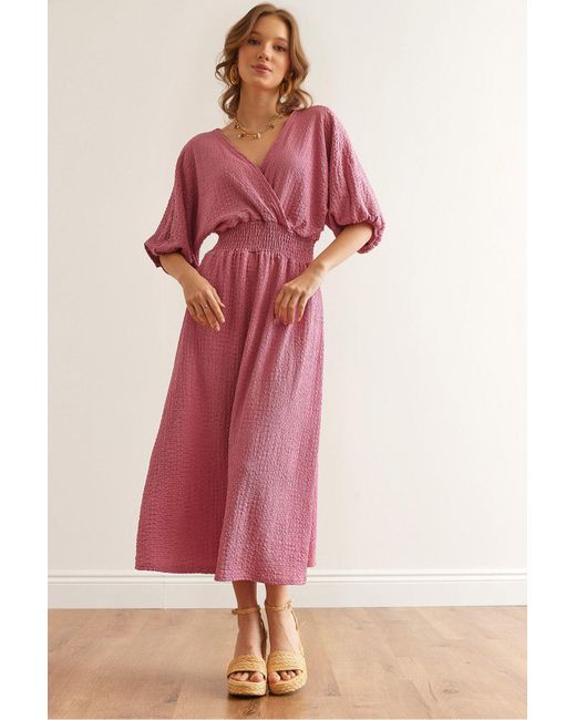 Olalook Pink Einfarbiges Rosafarbenes Midikleid Mit Geraffter Taille Und Zweireihigem Ausschnitt Elb- 19002100 Für Damen