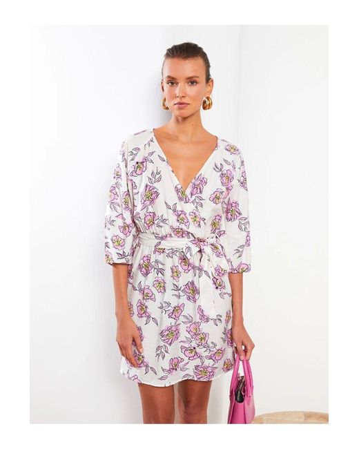 LC Waikiki Pink Zweireihiges Kleid Mit Kragen Und Blumenmuster Für Damen
