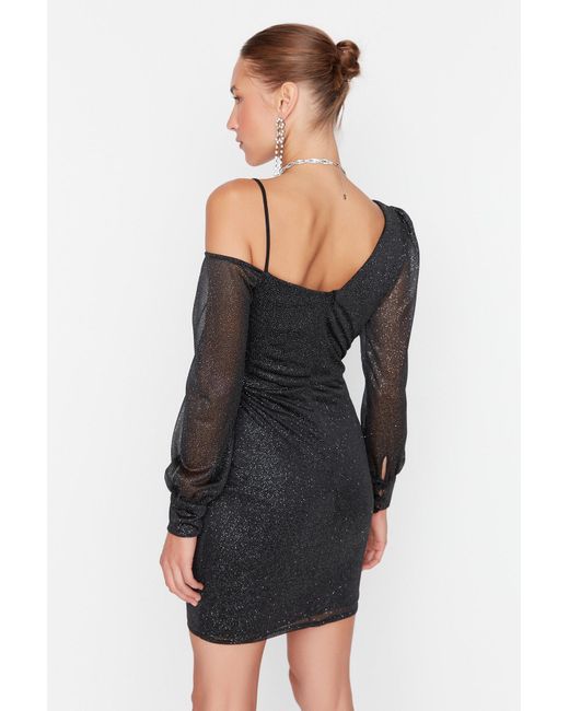 Trendyol Black Schwarzes Glitzer-Abendkleid Aus Strick – Kragendetail, Kurzes, Stylisches Kleid Für Damen