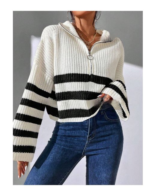 Know Blue Schwarz Gestreifter Weißer Strickpullover – Halber Reißverschluss, Schulterfrei Für Damen