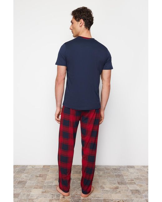 Trendyol Marineblaues pyjama-set aus kariertem strick in normaler passform in Red für Herren